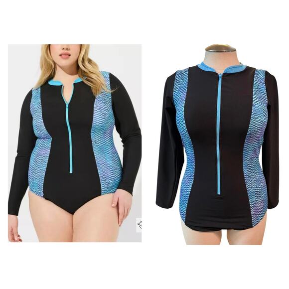 Torrid Plus Size 2 Long Sleeve Black One Piece Rash Guard Zip Up Swimsuit‎ 2X - Picture 1 of 3